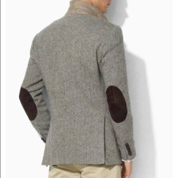 Vintage Polo Ralph Lauren Black & Cream Wool Herringbone Tweed & Leather Blazer - Picture 9 of 17